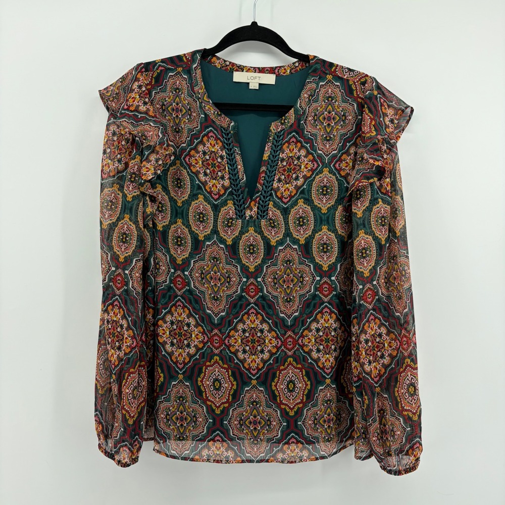 LOFT Medallion Paisley Ruffle Split Neck Blouse Multicolor‎ Medium Long Sleeve